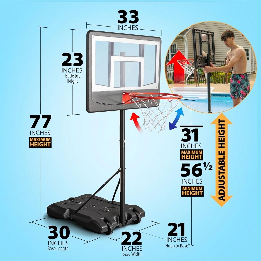 Adjustable backboard detail on poolside basketball hoop