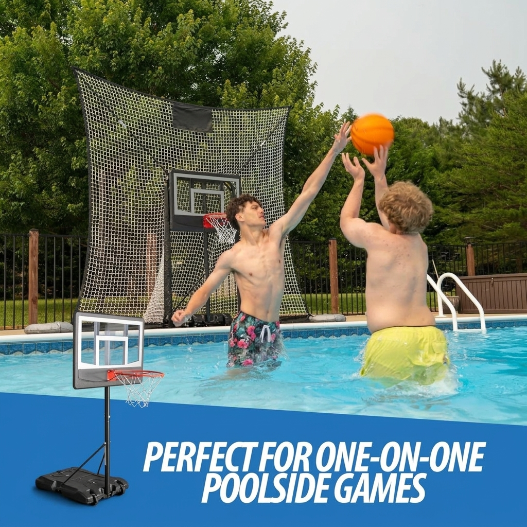 Stay in pool frame design for basketball backstop