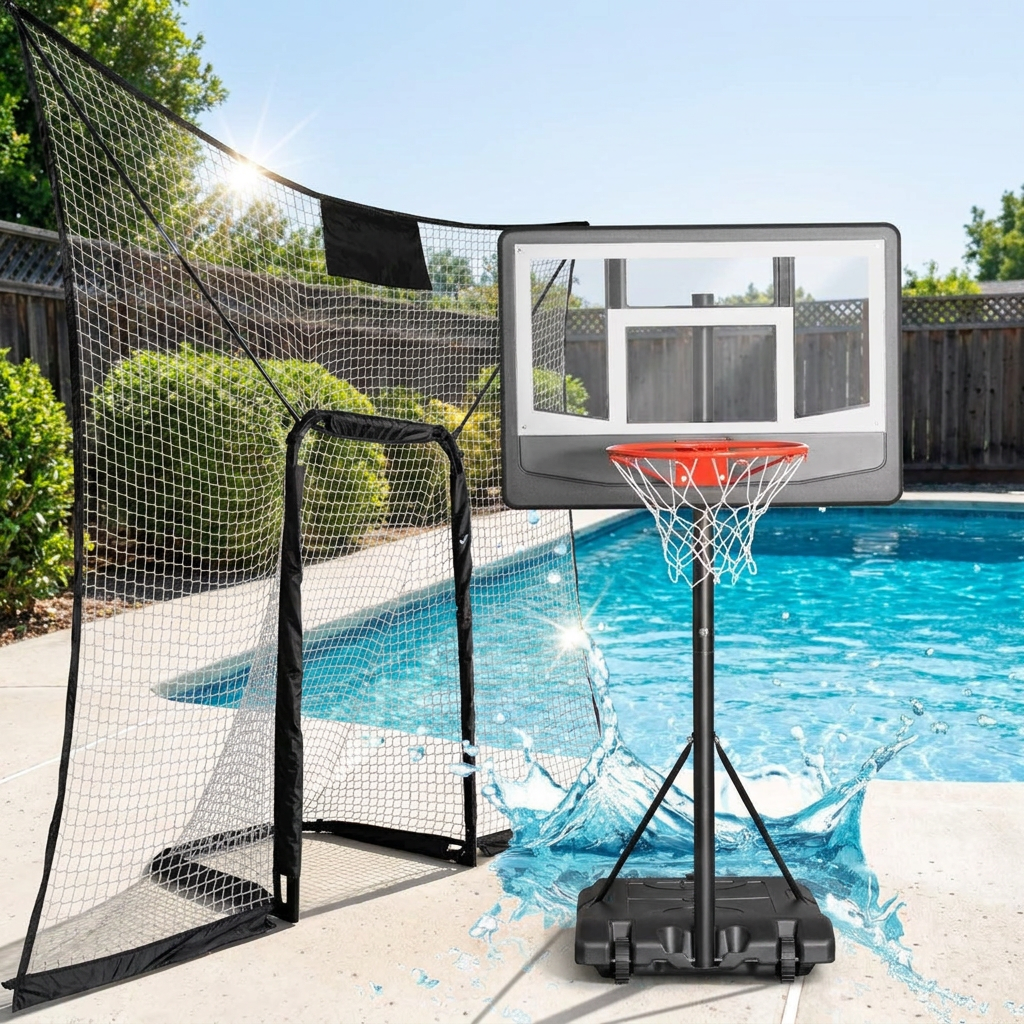 Fillable ballast base and rim detail for pool hoop