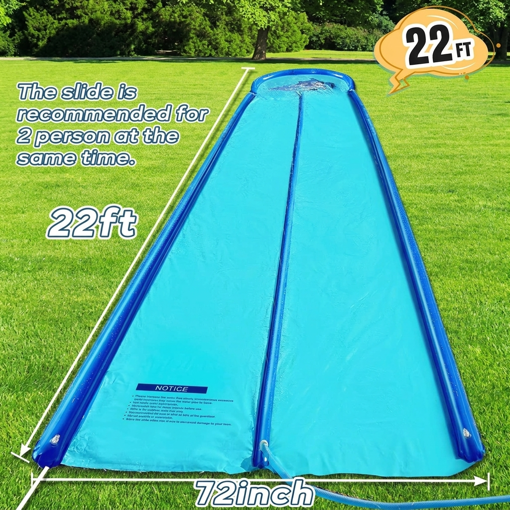 Extra long backyard slip and water slide with inflatable guard rails
