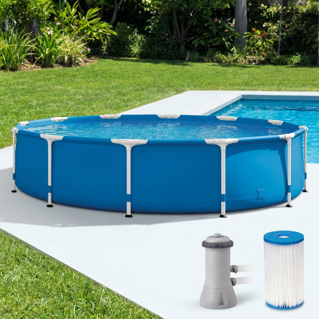 Round above ground pool set with grey cartridge filter pump