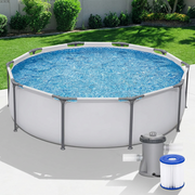 Grey round steel frame above ground pool set in a sunny backyard