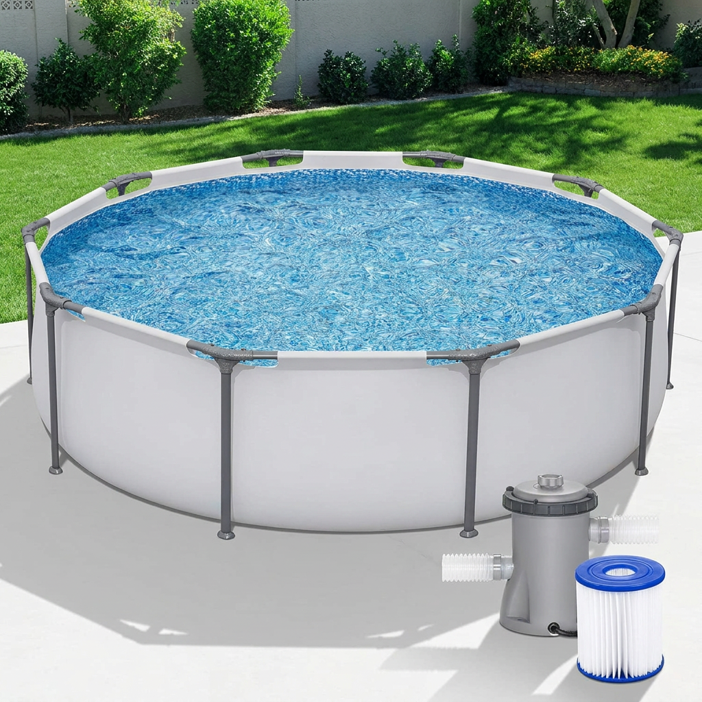 Grey round steel frame above ground pool set in a sunny backyard