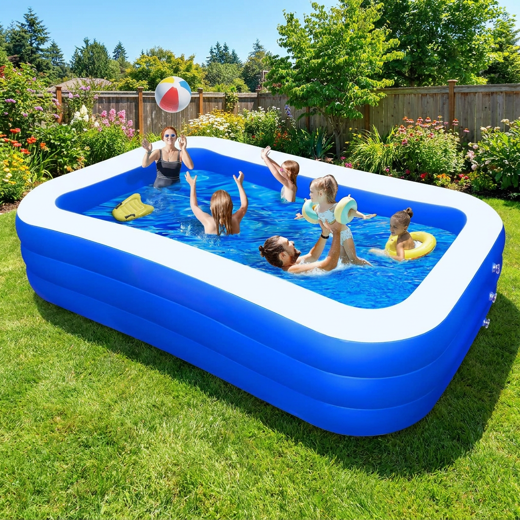 Extra large blue inflatable family swimming pool in a sunny backyard