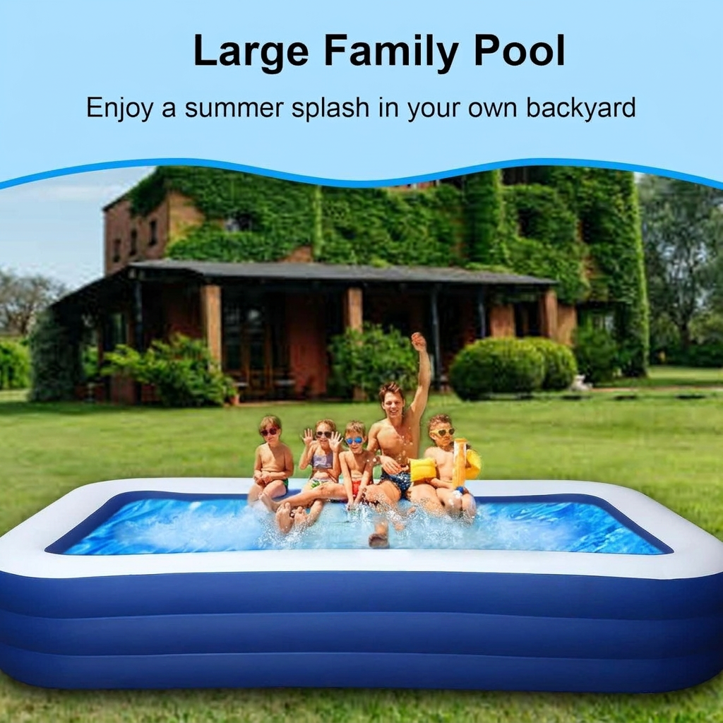 Inflatable family pool with three stacked air rings and deep water