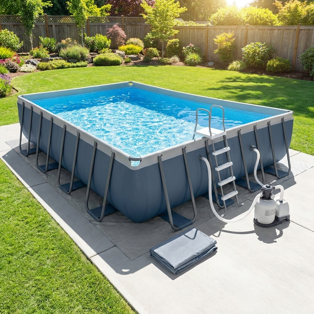 24ft by 12ft rectangular above ground pool with sand filter pump