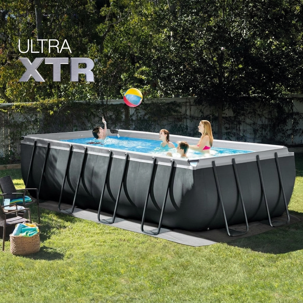 Above ground frame pool shown with ladder, cover and ground cloth