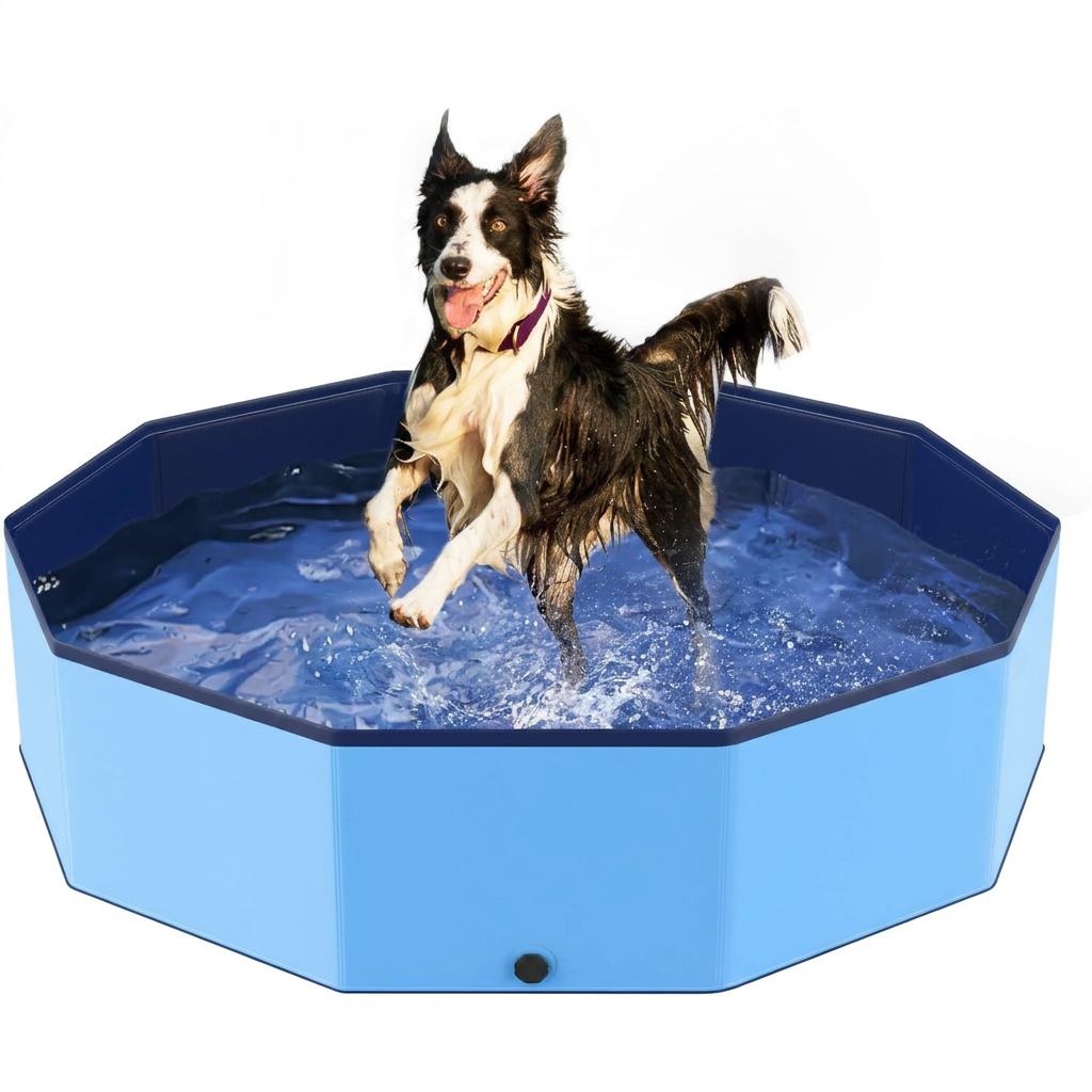 Foldable non-slip splash pool for dogs and kids in a sunny backyard