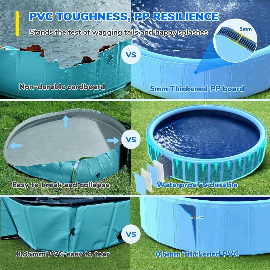 Foldable pet splash pool shown with size and capacity options