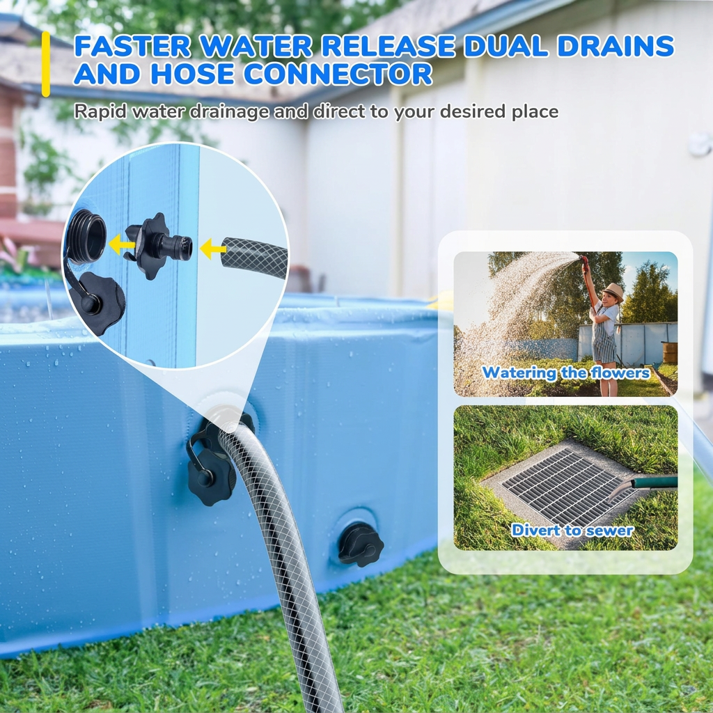 Foldable splash pool folded flat for storage with drain plug detail