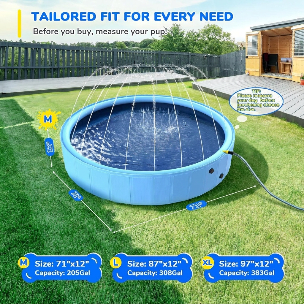 Splash pool with garden hose sprinkler ring spraying cool water
