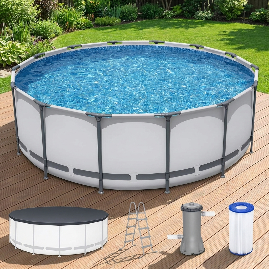 Grey round above ground pool with metal frame, ladder and filter pump in a backyard