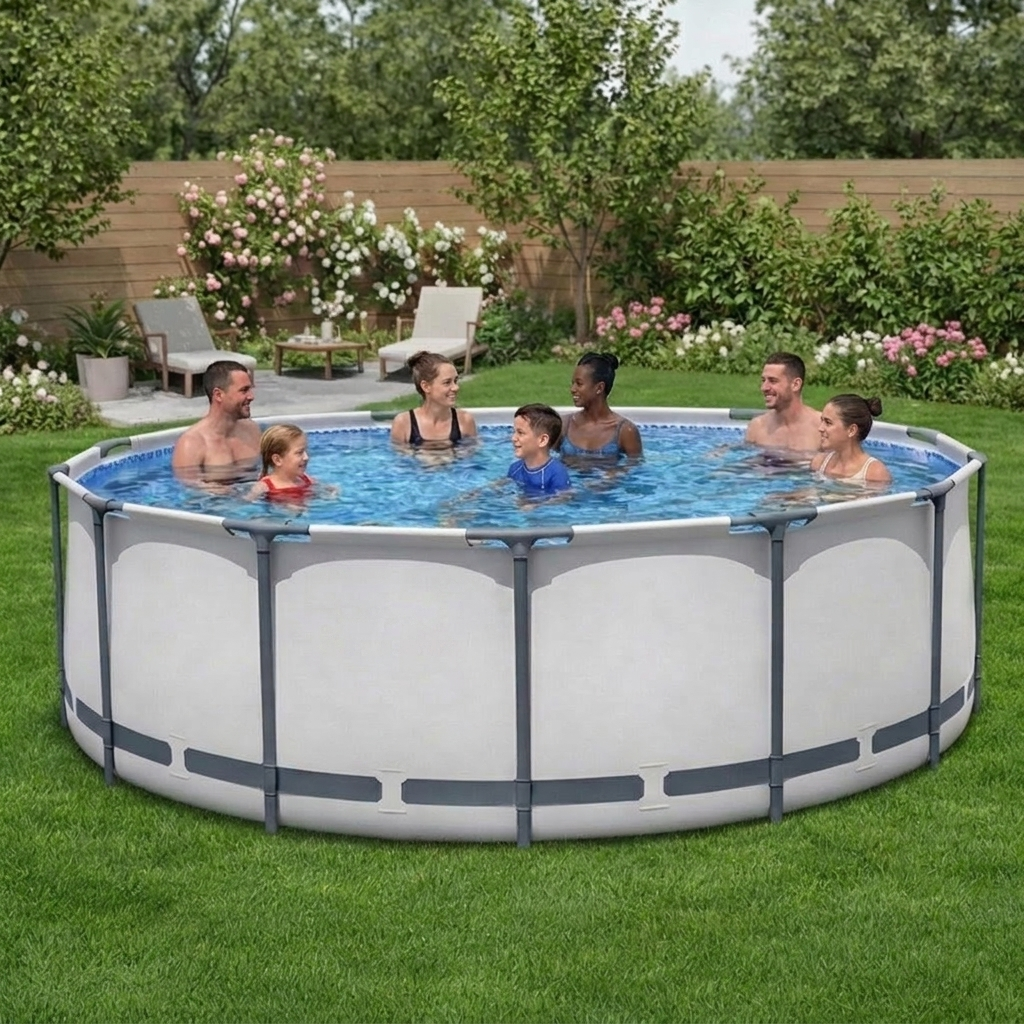 Above ground pool set shown with included ladder, cover and ground cloth
