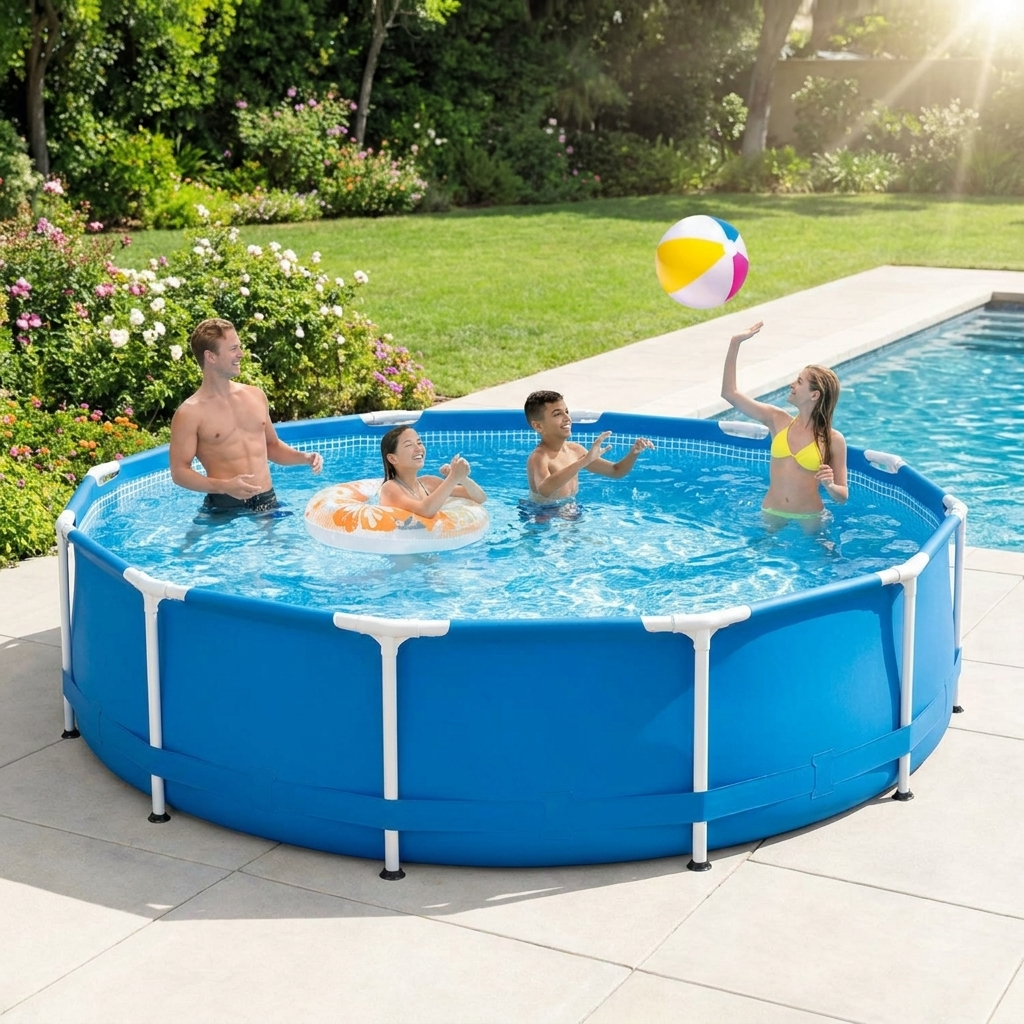 Round metal frame above ground pool set up in a sunny backyard