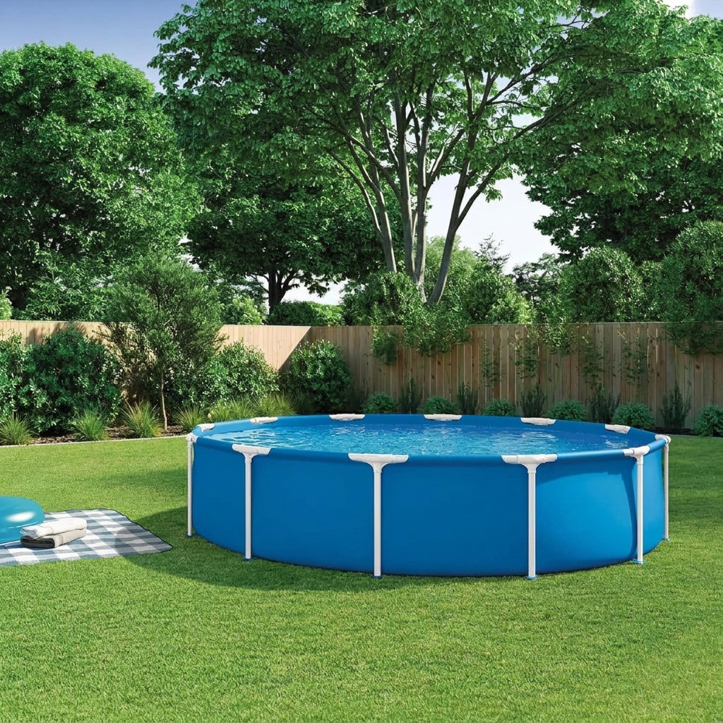 Above ground pool with rust-resistant steel frame and blue liner