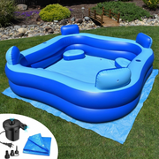 Square family inflatable swimming pool with built-in seats and headrests