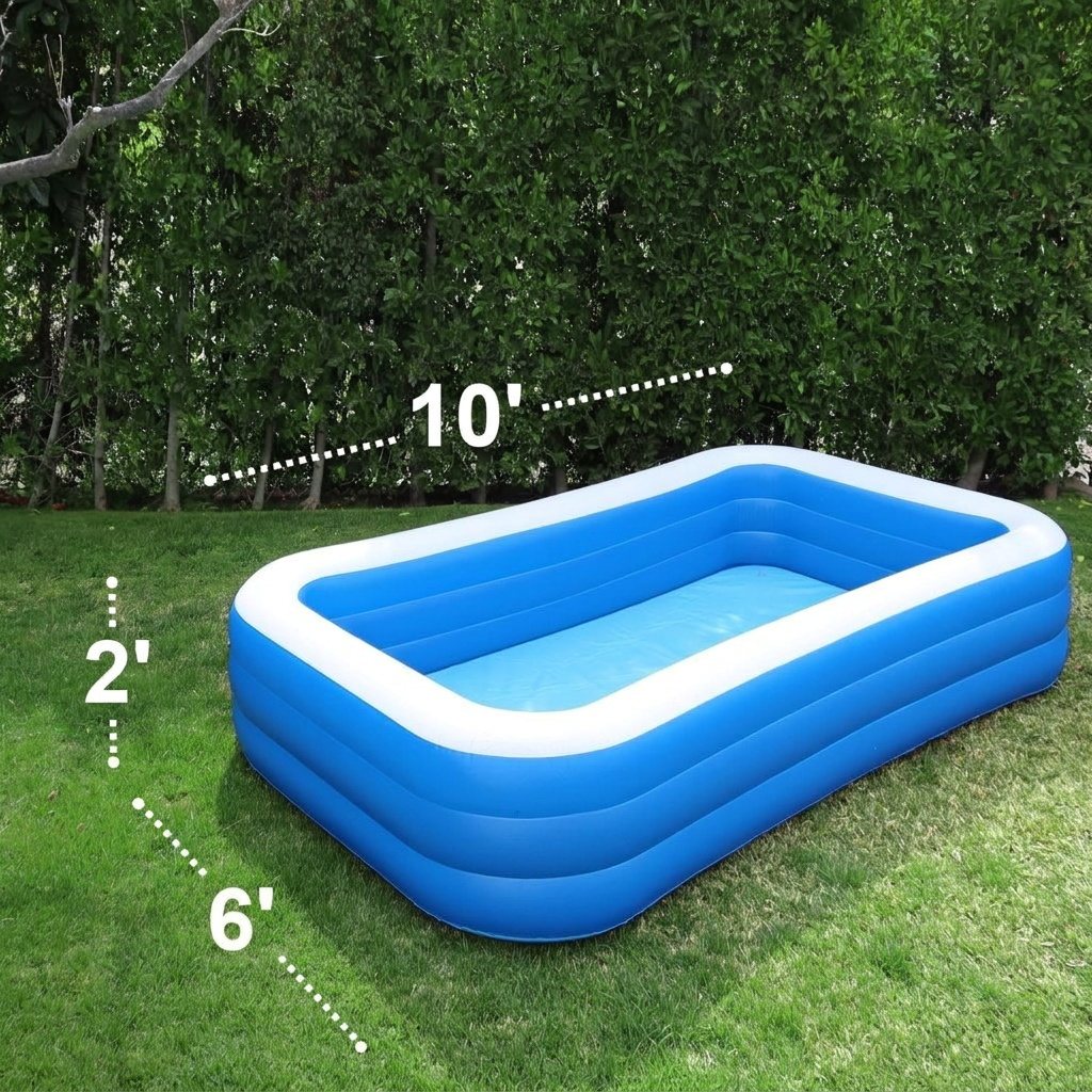 Rectangular inflatable family swimming pool with seats and headrests