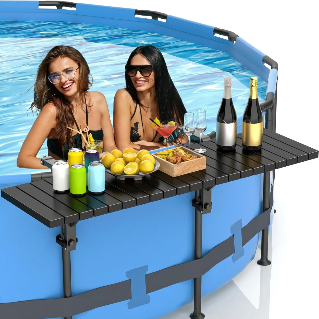 Black poolside bar table mounted on an above ground pool rail
