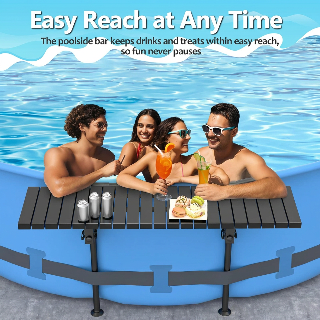 Galvanized steel poolside bar holding drinks and snacks
