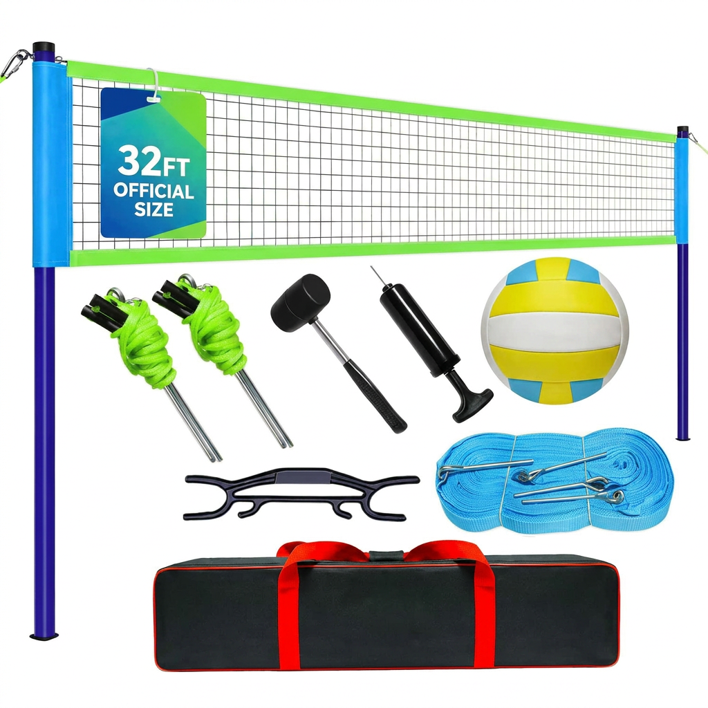 Portable outdoor volleyball net set in blue and green with poles and ball