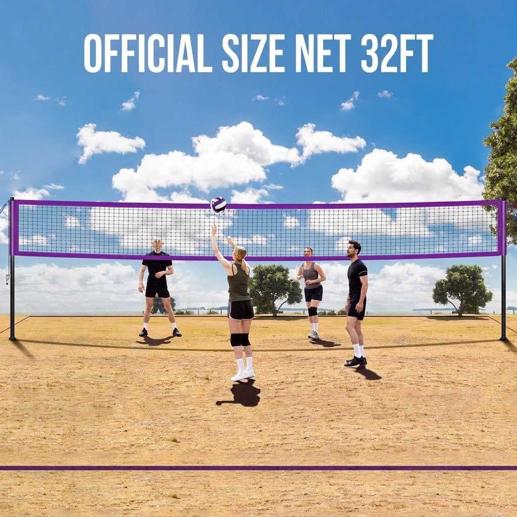 Volleyball net kit contents with ball, pump, boundary line and carry bag