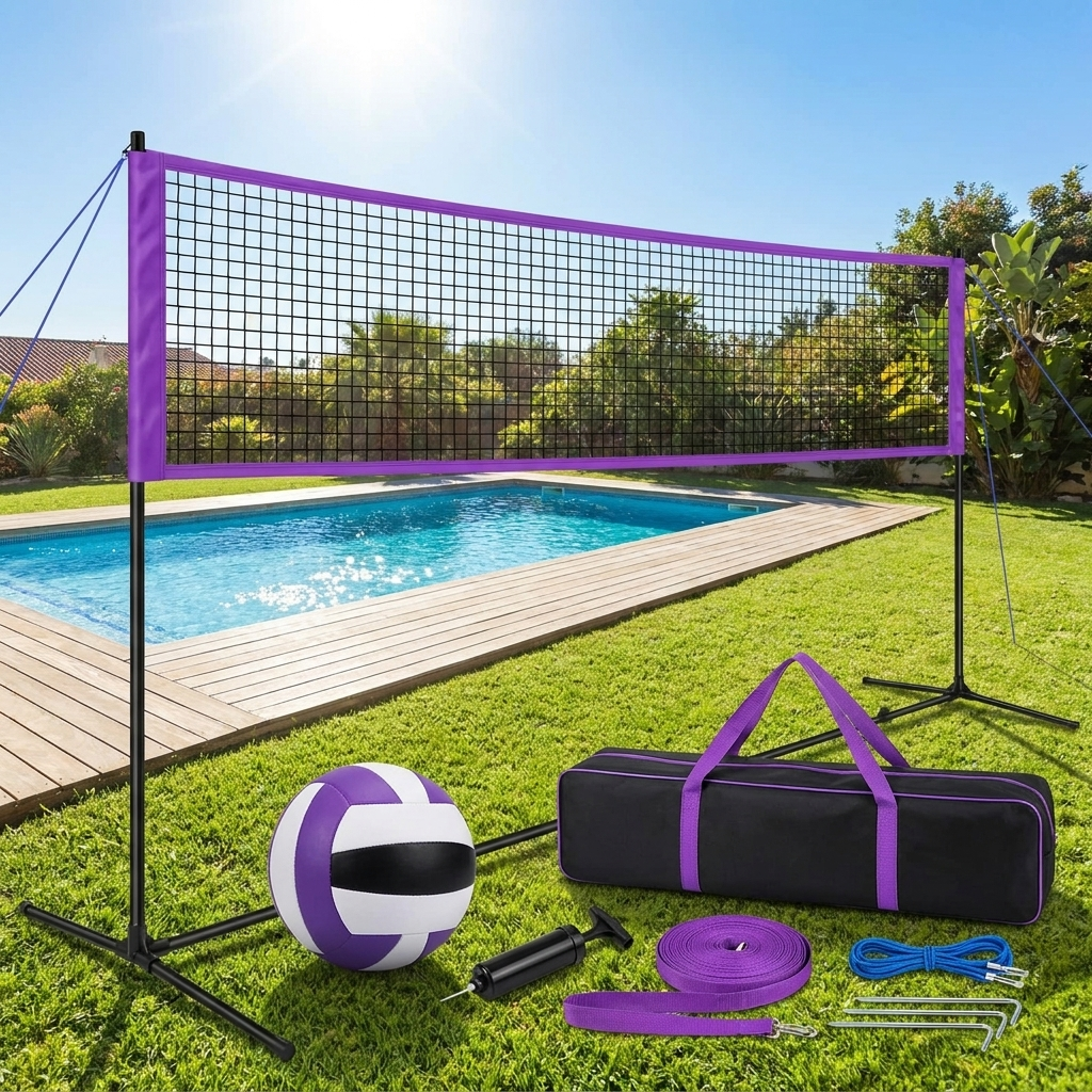 Purple adjustable height volleyball net set with anti-sag winch