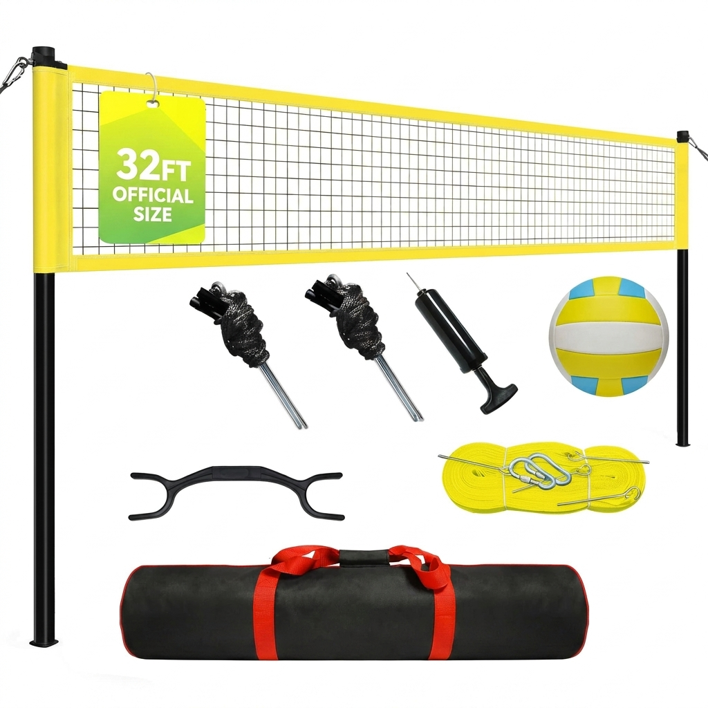 Portable outdoor volleyball net set in yellow with poles and ball
