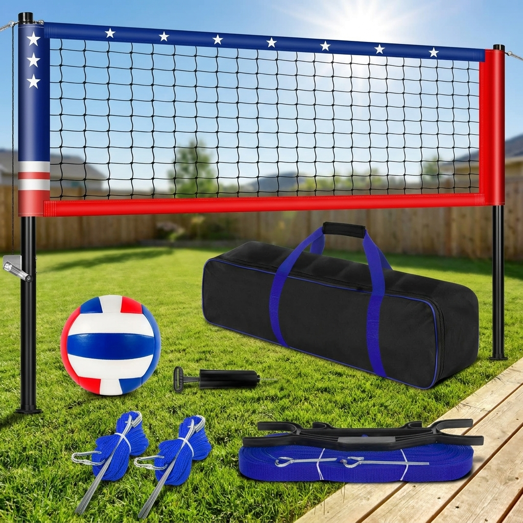 Red, white and blue adjustable height volleyball net set