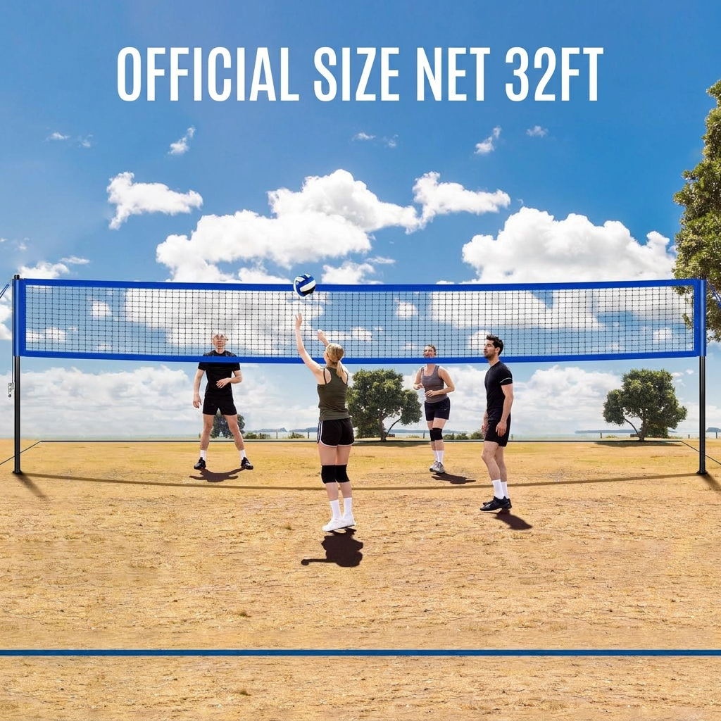 Blue adjustable height volleyball net set