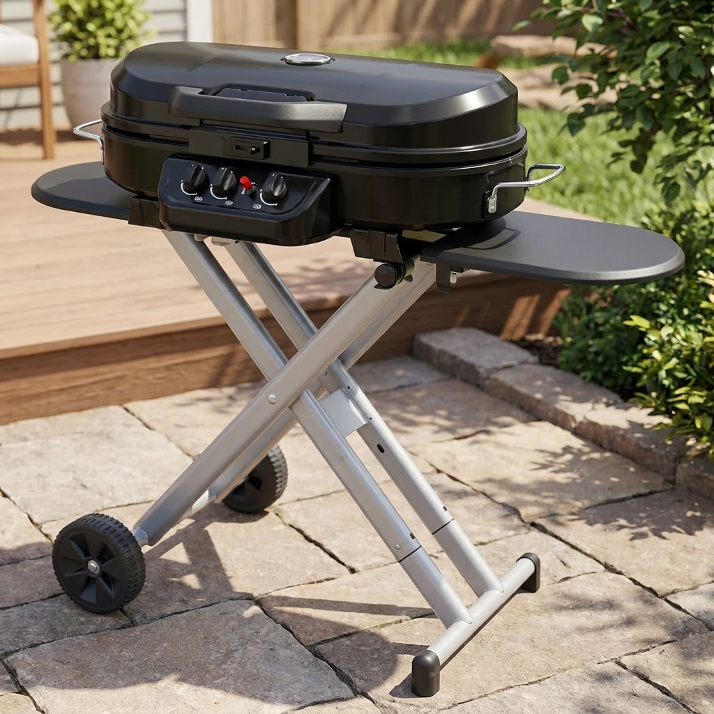 Black portable stand-up propane gas grill