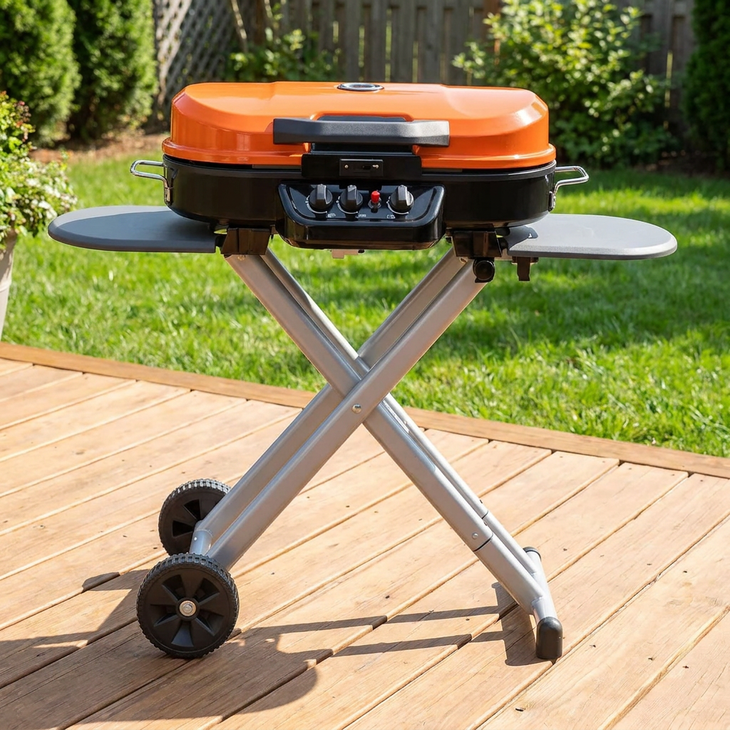Orange portable stand-up propane gas grill