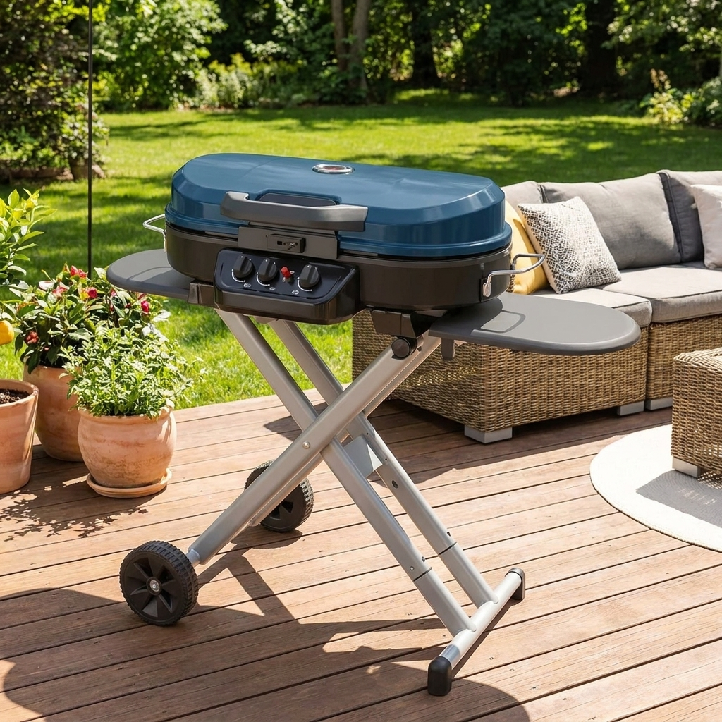 Blue portable stand-up propane gas grill