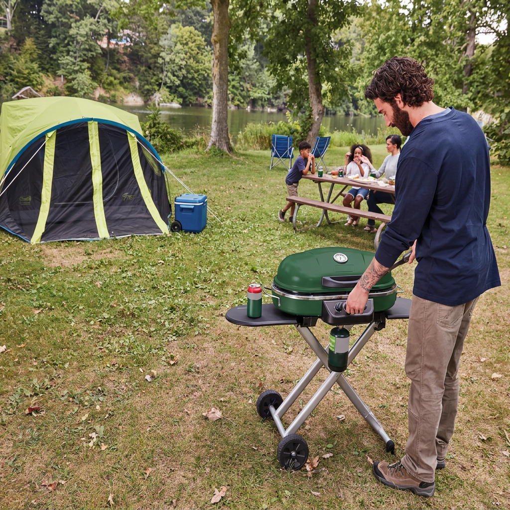 Portable propane grill in use on a sunny patio