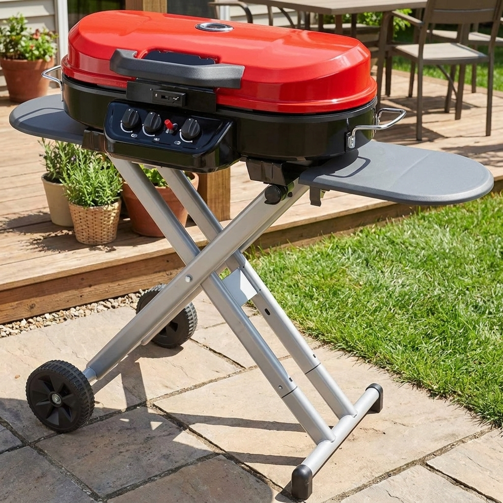 Red portable stand-up propane gas grill