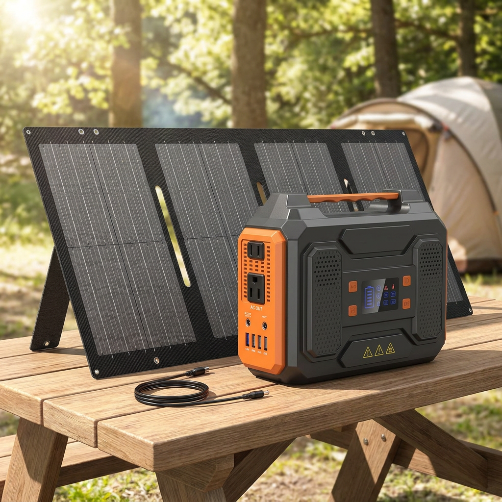 Portable power station with foldable solar panel