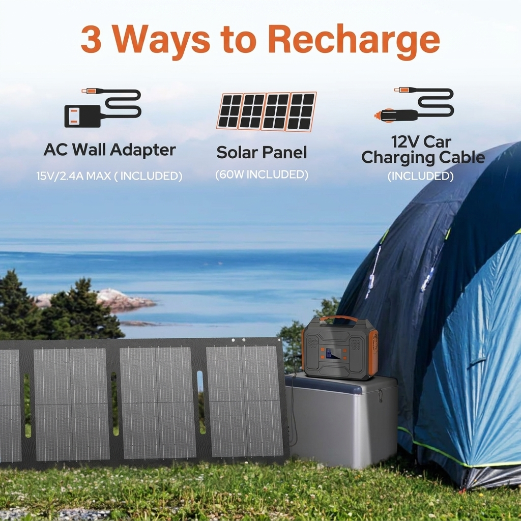 Solar panel charging the power station outdoors