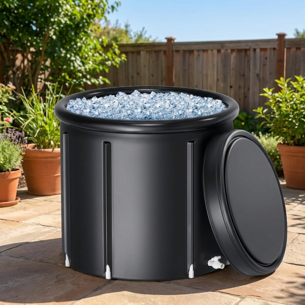 Black portable cold plunge ice bath tub with lid