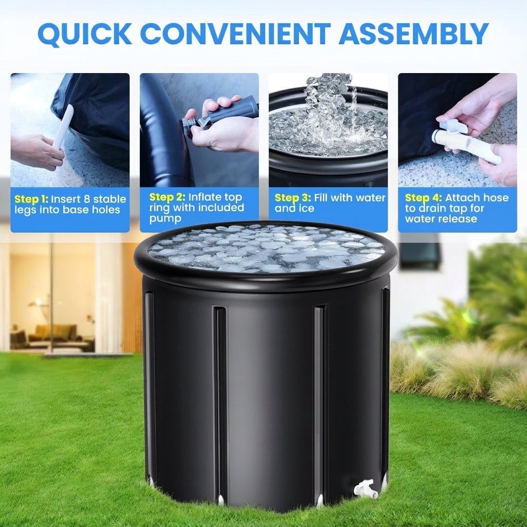 Four step assembly of the portable ice bath tub