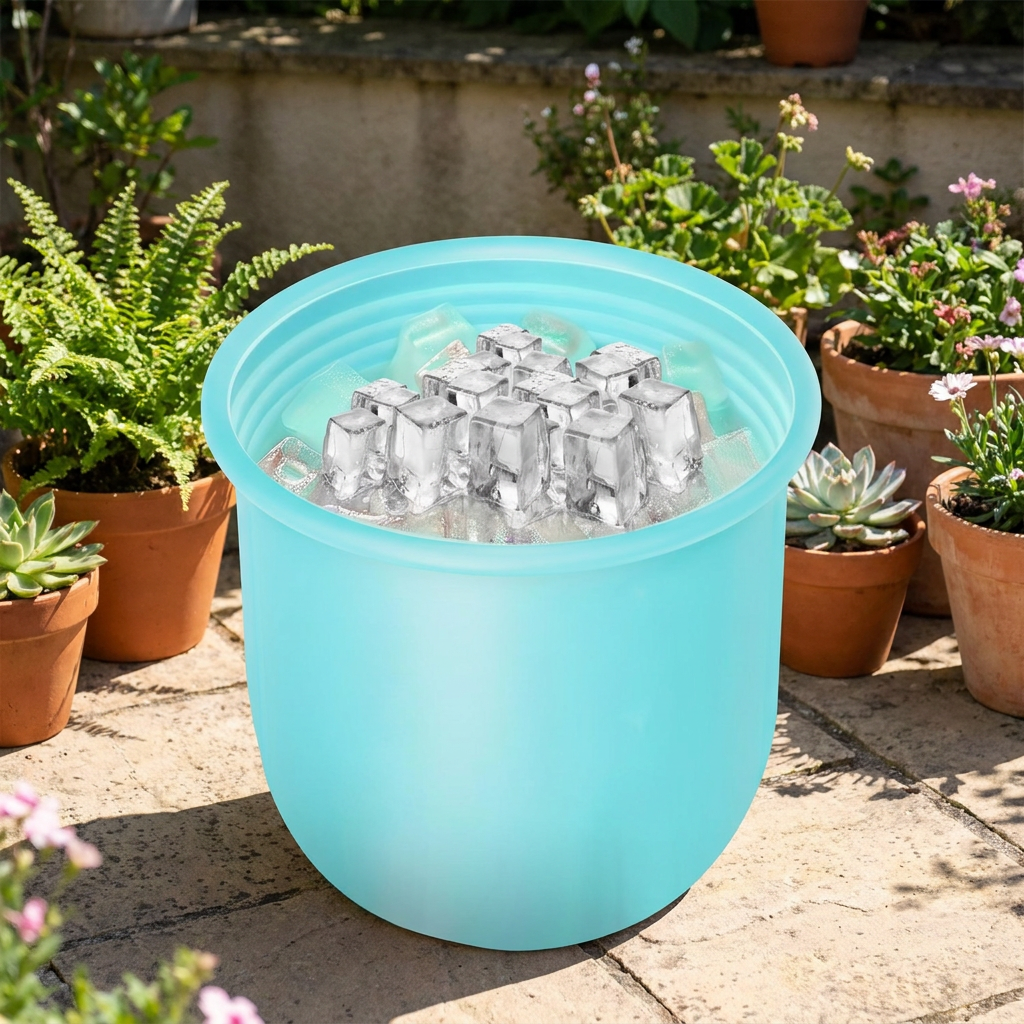 Light blue portable ice bath tub filled with ice