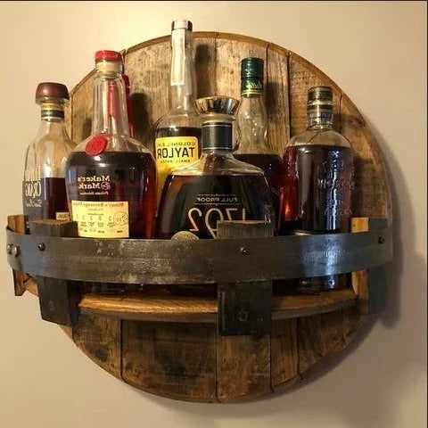 Rustic Whiskey Barrel Shelf | Bourbon Bottle Wall Display Rack