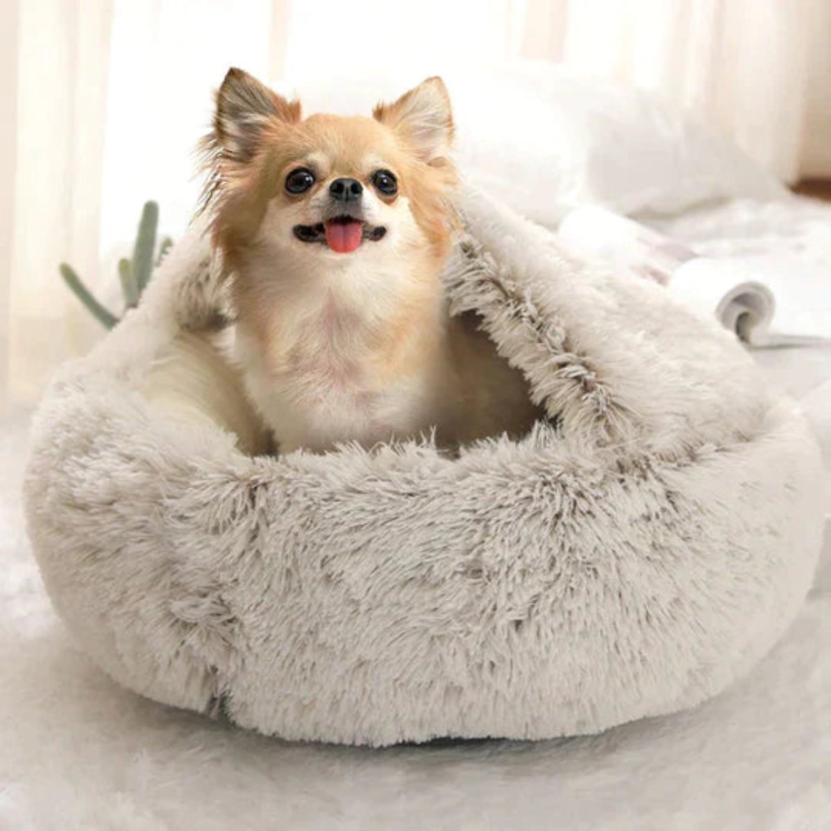 Calming Cave Dog Bed for Anxiety | Cozy Covered Pet Cushion