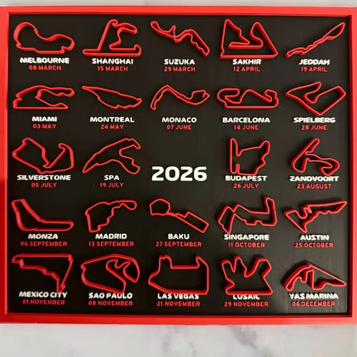 3D Printed F1 Formula Racing Calendar 2026 with Complete Circuit Collection and Stand