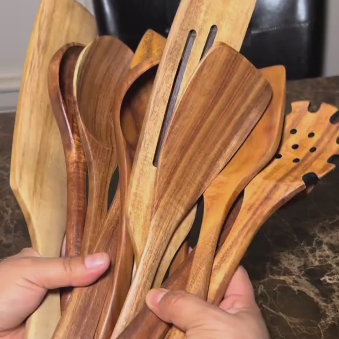Load video: Wooden Kitchen Utensil Set | Natural Cooking Spoons &amp; Spatulas