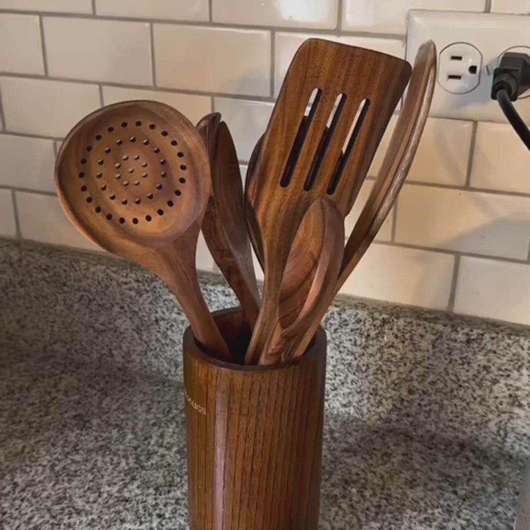 Load video: Wooden Kitchen Utensil Set | Natural Cooking Spoons &amp; Spatulas
