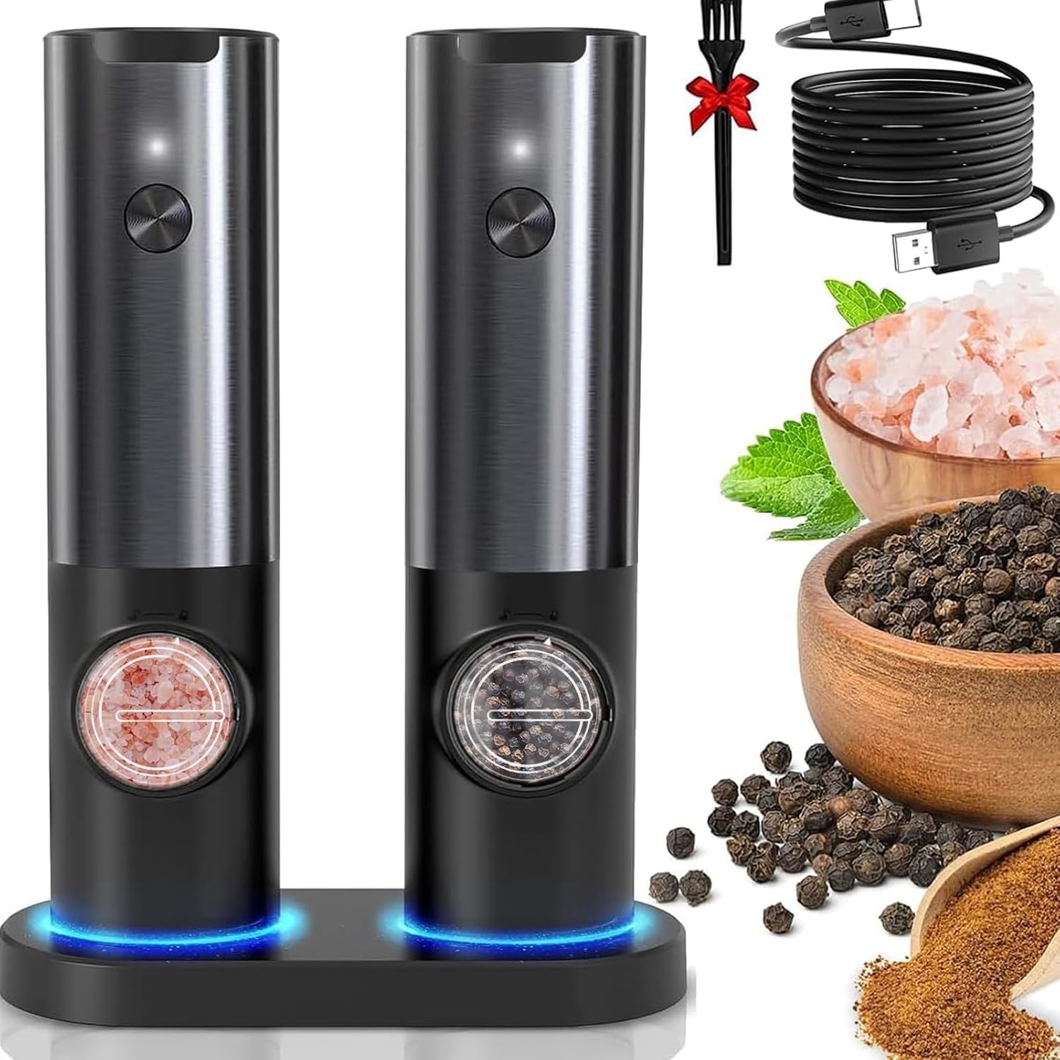 Rechargeable Electric Salt and Pepper Grinder Set - Adjustable One-Hand Mills with Light for Easy Seasoning