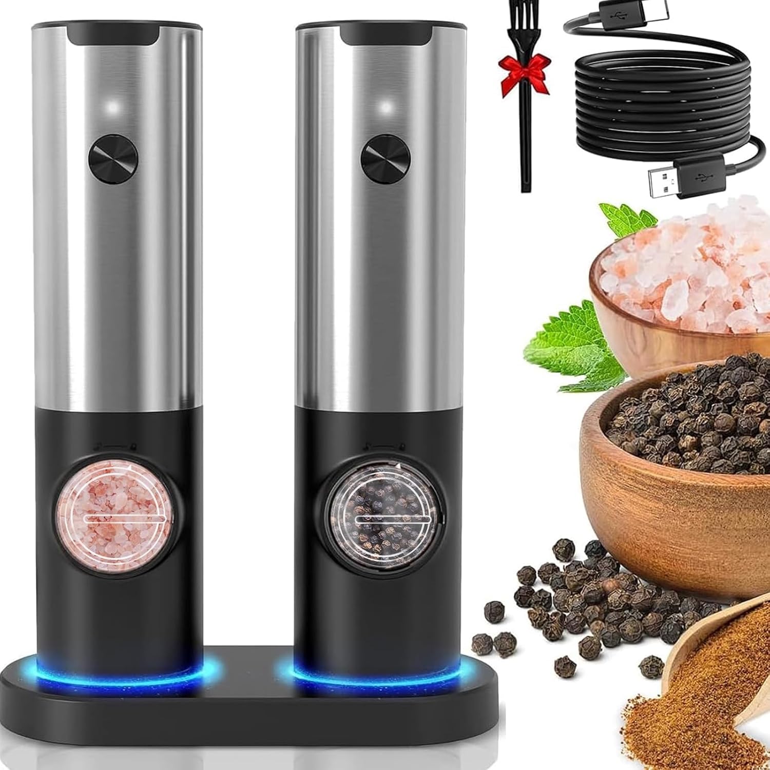 Rechargeable Electric Salt and Pepper Grinder Set - Adjustable One-Hand Mills with Light for Easy Seasoning