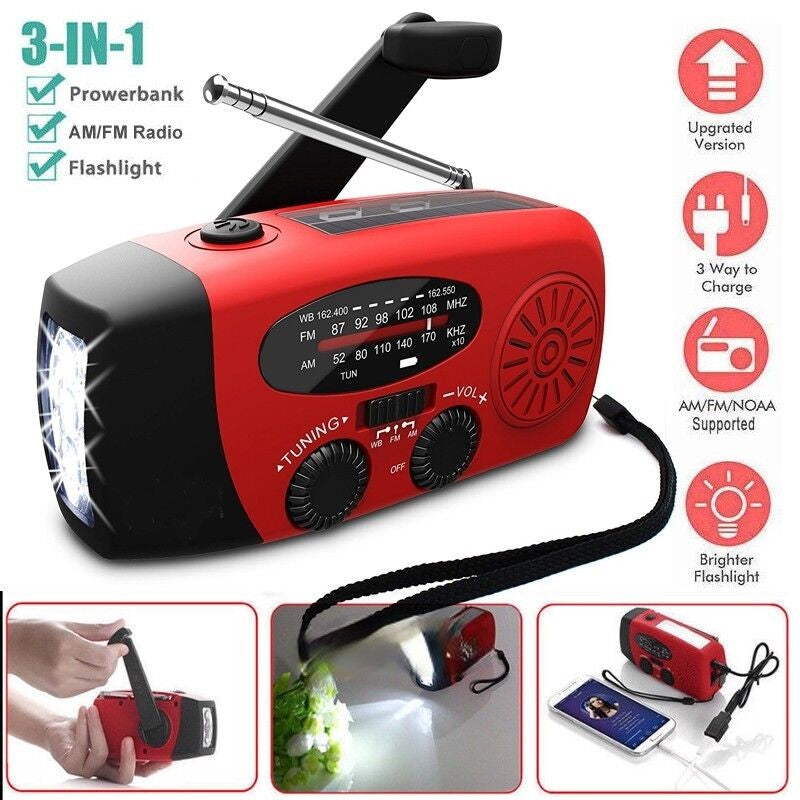 Portable Emergency Solar Radio with Hand Crank, NOAA Weather Alerts, LED Flashlight & 1000mAh Power Bank for Outdoor Survival & Camping