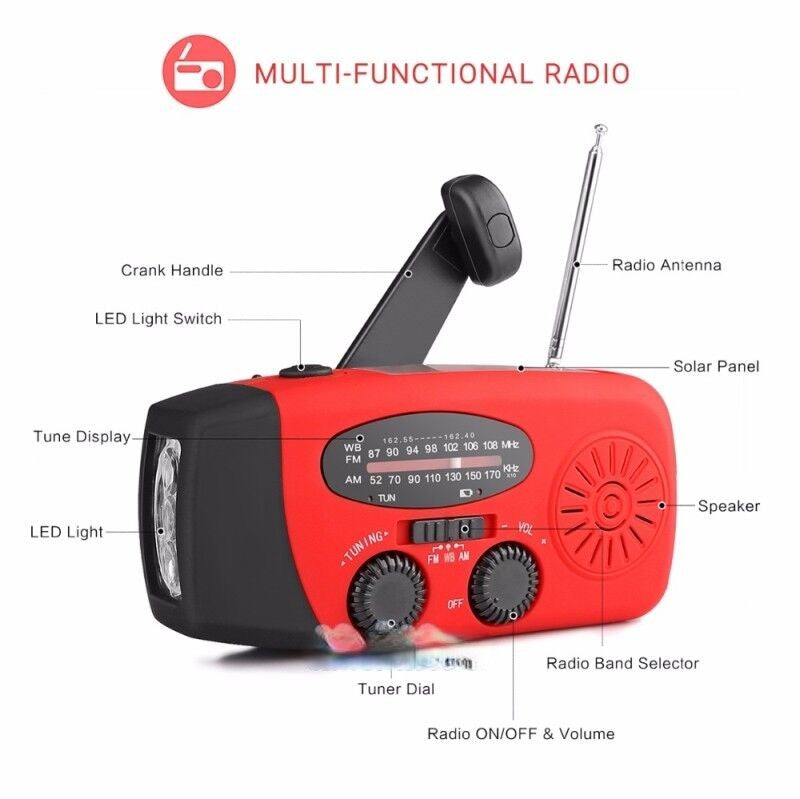 Portable Emergency Solar Radio with Hand Crank, NOAA Weather Alerts, LED Flashlight & 1000mAh Power Bank for Outdoor Survival & Camping