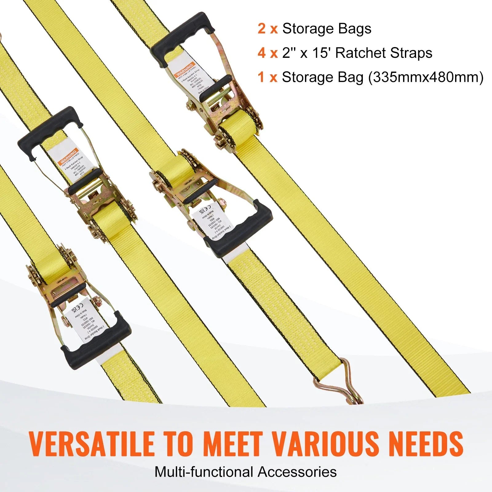 4 Pack Ratchet Tie Down Straps | 5000 lbs, 2" x 15', Heavy Duty Double J Hook
