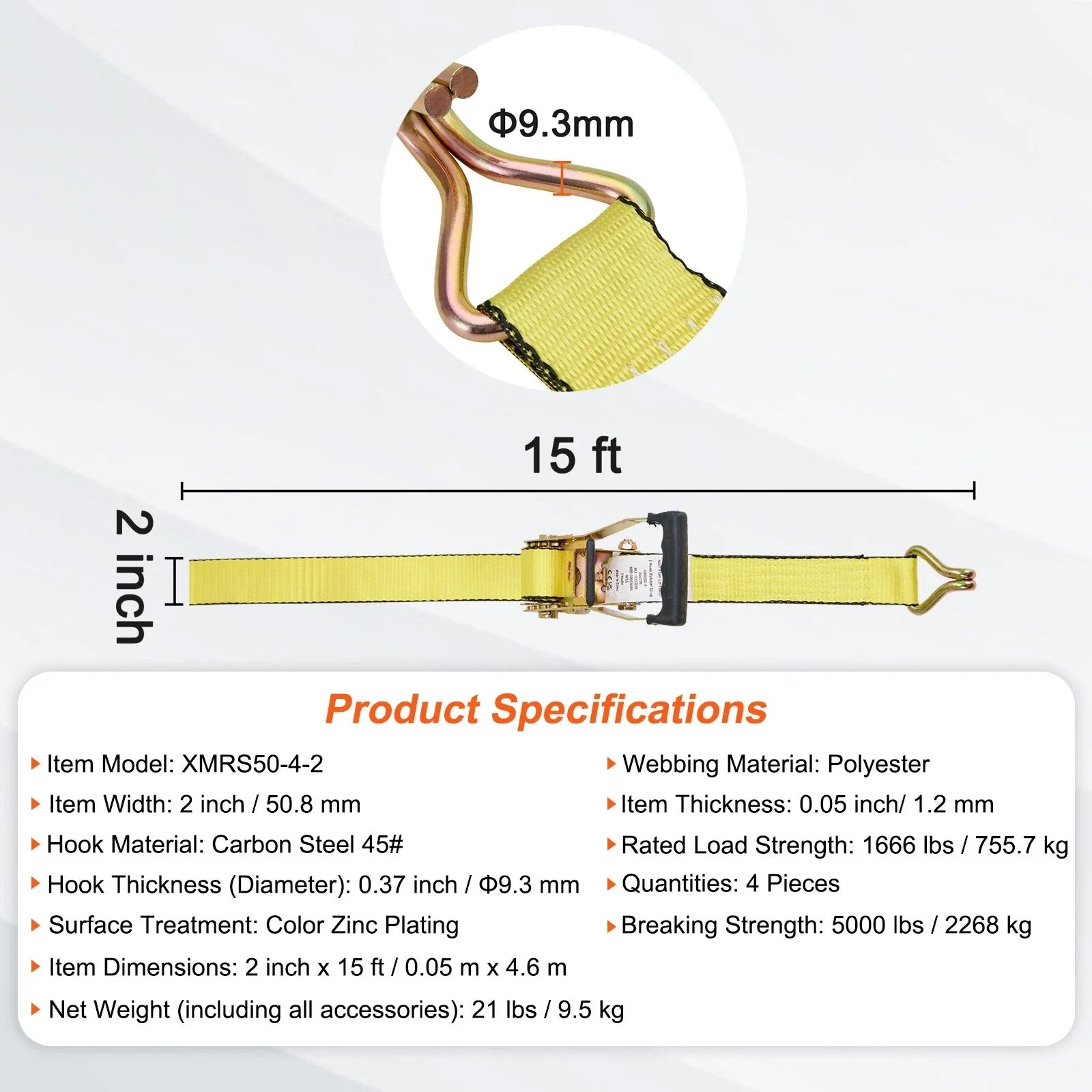 4 Pack Ratchet Tie Down Straps | 5000 lbs, 2" x 15', Heavy Duty Double J Hook